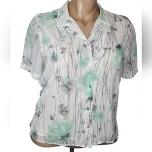 Alfred Dunner White Blue Green Floral Short Sleeve Button Front Top, Size 16